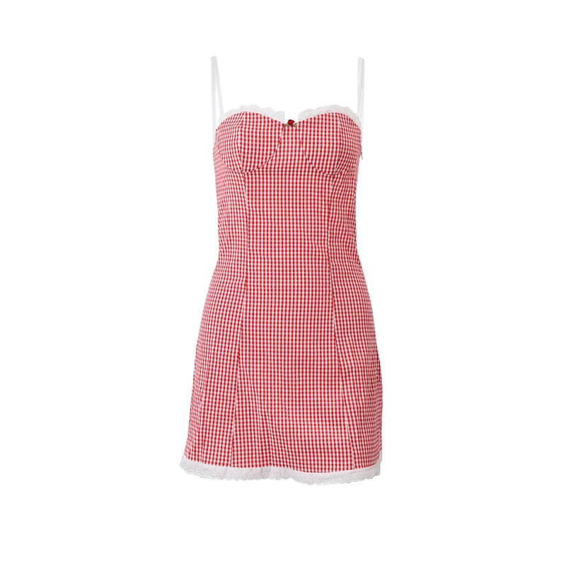 WhereMery Plaid Y2K Lace Vintage Spaghetti Strap Mini Dresses Backless Aesthetic Casual Slim Dress New Streetwear Women Vestidos - Smarsty