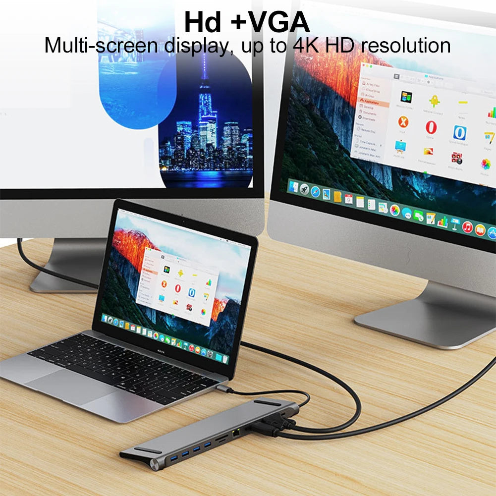 11 in 1 USB C Docking Station with 4K HDMI-Compatible VGA Ethernet USB C Dock 100W PD SD/TF Audio Type C Hub 1* USB 3.0 3*USB2.0