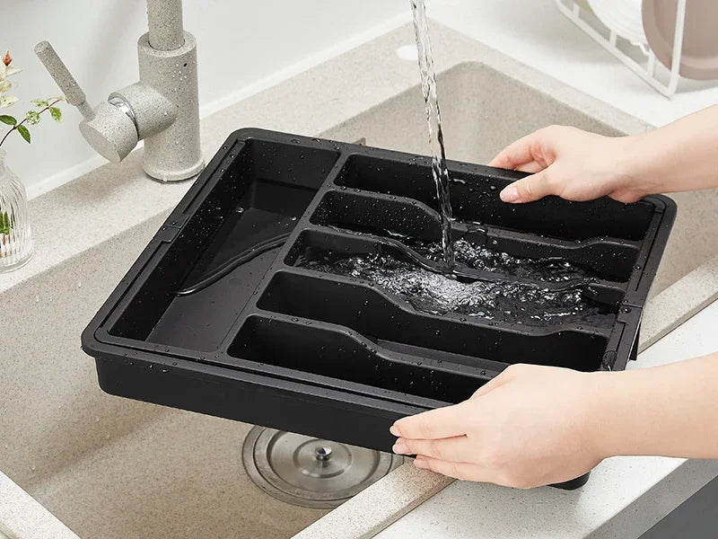 Adjustable Kitchen Storage Organizer Tray – Plastic Multifunctional Drawer Organizer for Kitchen Counter Utensils