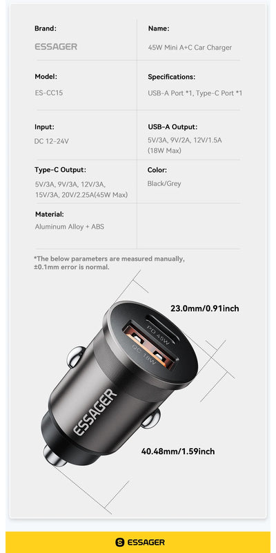 45W Car Charger Dual Port PD TypeC Quick Charge Fast - Smarsty