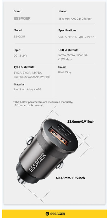 45W Car Charger Dual Port PD TypeC Quick Charge Fast - Smarsty