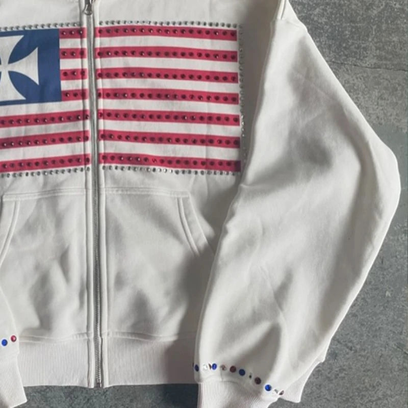 Autumn and winter new minimalist design color collision pattern women hooded sweatshirt Harajuku Y2k loose zipper sweatshirt