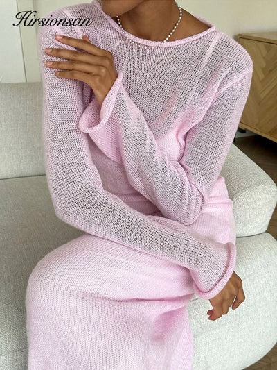 Hirsionsan Spring Autumn O-Neck Elastic Knit Long Dresses Women 2024 Elegant Chic Soft Lady Hollowing Sweater Dresses Femme New - Smarsty