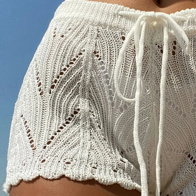 Polyester100.00% Hollow Drawstring Open Waist Knitted Bikini Blocked Women's Shorts - Smarsty