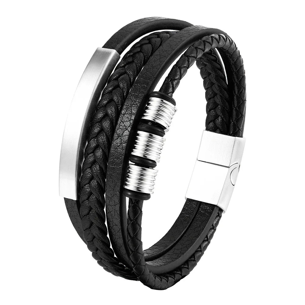 Men's Leather Charm Bracelet Stainless Steel Magnetic Clasp - Smarsty
