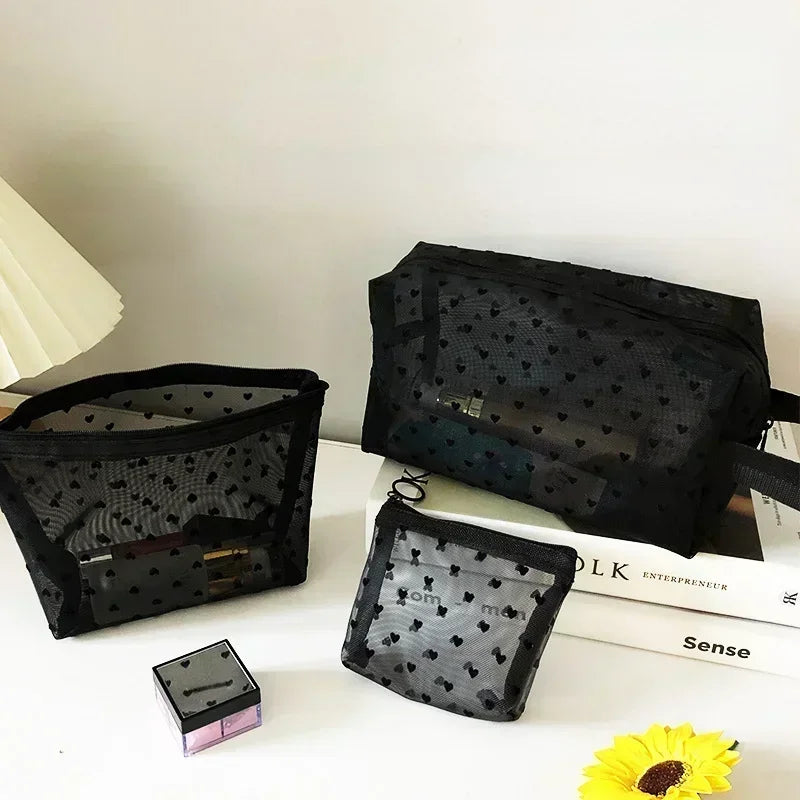 Heart Shaped Nylon Mesh Cosmetic Bag Zipper Organizer - Smarsty