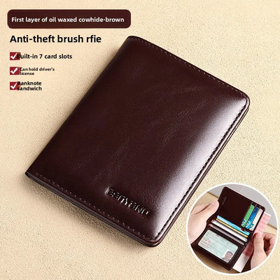 Men Wallet Genuine Leather Rfid Blocking Trifold Wallet Vintage Thin Short Multi Function ID Credit Card Holder Male Purse Money - Smarsty