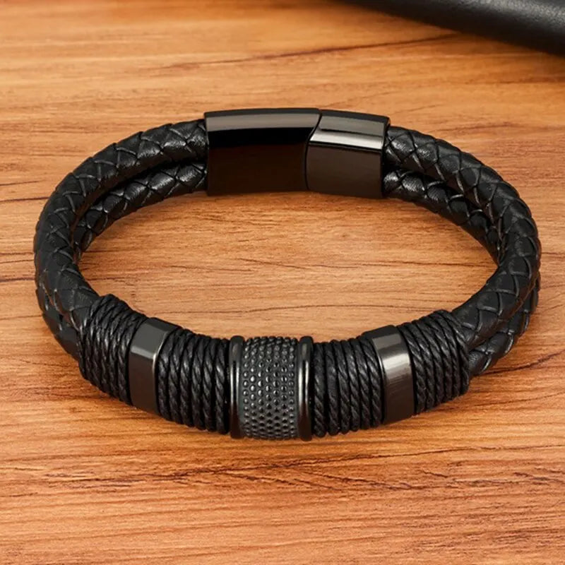 Vintage Woven Leather Wrap Bracelets For Men Durable Stainless Steel Wristbands - Smarsty