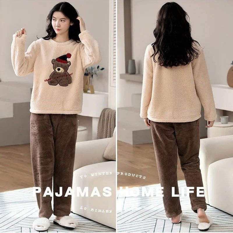 2pcs/Set Large Size Padded Thickened Warm Fall And Winter Women's Pajamas Long-Sleeved Long Pants Set Coral Velvet Cartoon Bear - Smarsty