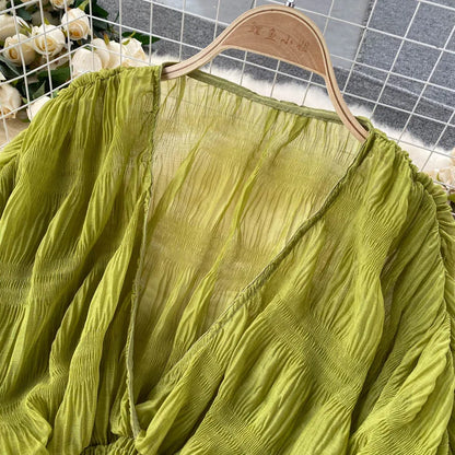 Women Sexy Chiffon Short Blouse Female See Through Super Long Sleeve Blusas Purple/Green/Black/White Folds Party Tops 2022 New - Smarsty