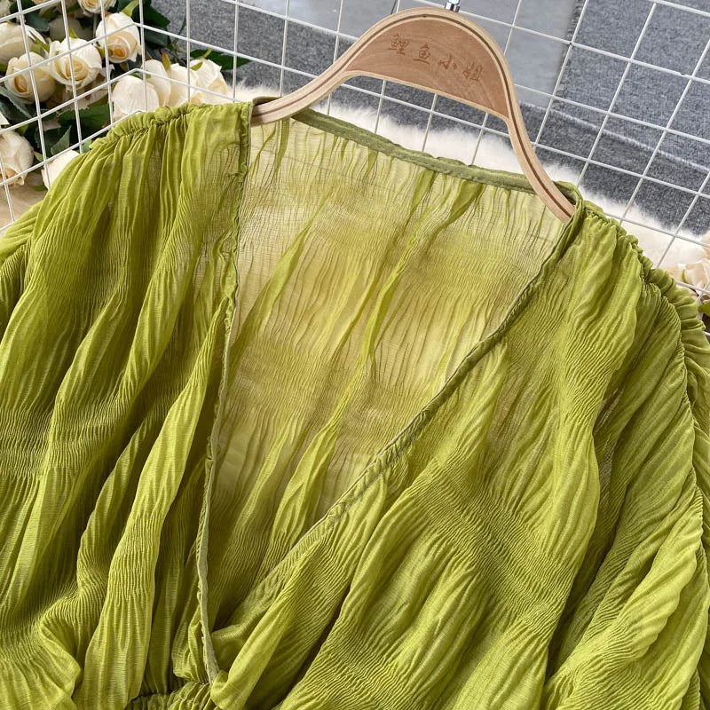 Women Sexy Chiffon Short Blouse Female See Through Super Long Sleeve Blusas Purple/Green/Black/White Folds Party Tops 2022 New - Smarsty