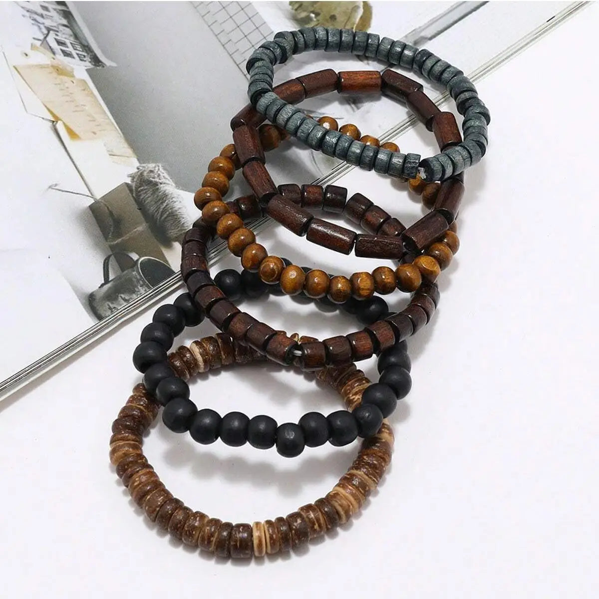 6PCS  Wodeen Braided Wrap Leather Bracelet for Men Vintage Life Wood Beads Fashion Male Armband - Smarsty