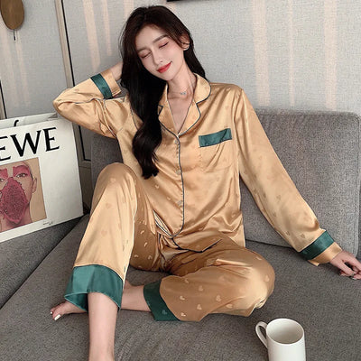 Top Autumn New Ice Silk Women Pajama Lapel Button Cardigan Outfits for Women 2 Piece Set Fashion Printing Set Clothes for Women - Smarsty