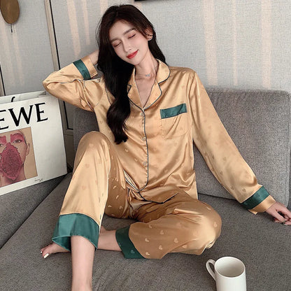 Top Autumn New Ice Silk Women Pajama Lapel Button Cardigan Outfits for Women 2 Piece Set Fashion Printing Set Clothes for Women - Smarsty