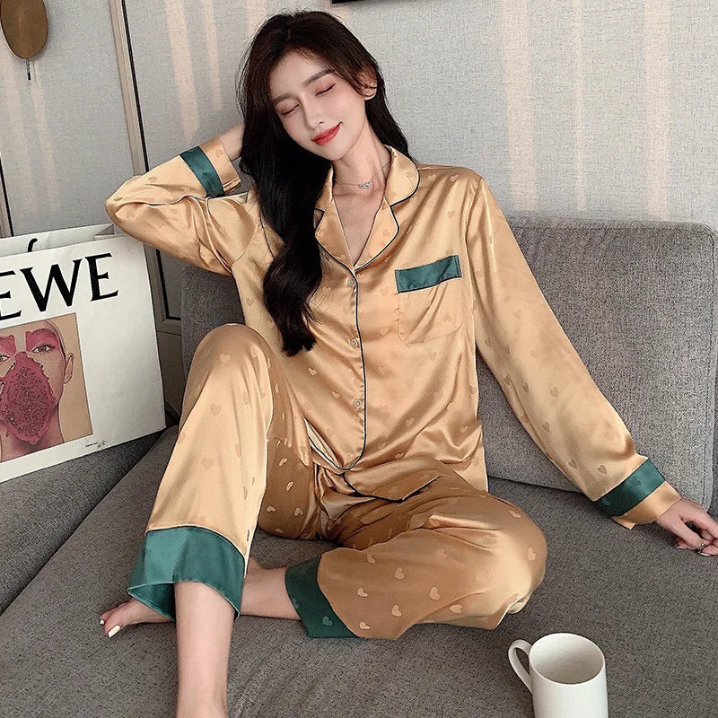 Top Autumn New Ice Silk Women Pajama Lapel Button Cardigan Outfits for Women 2 Piece Set Fashion Printing Set Clothes for Women - Smarsty