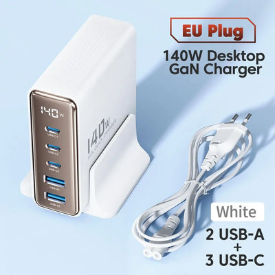 GaN USB Charger 140W 5in1 Desktop with LED Display Ports - Smarsty