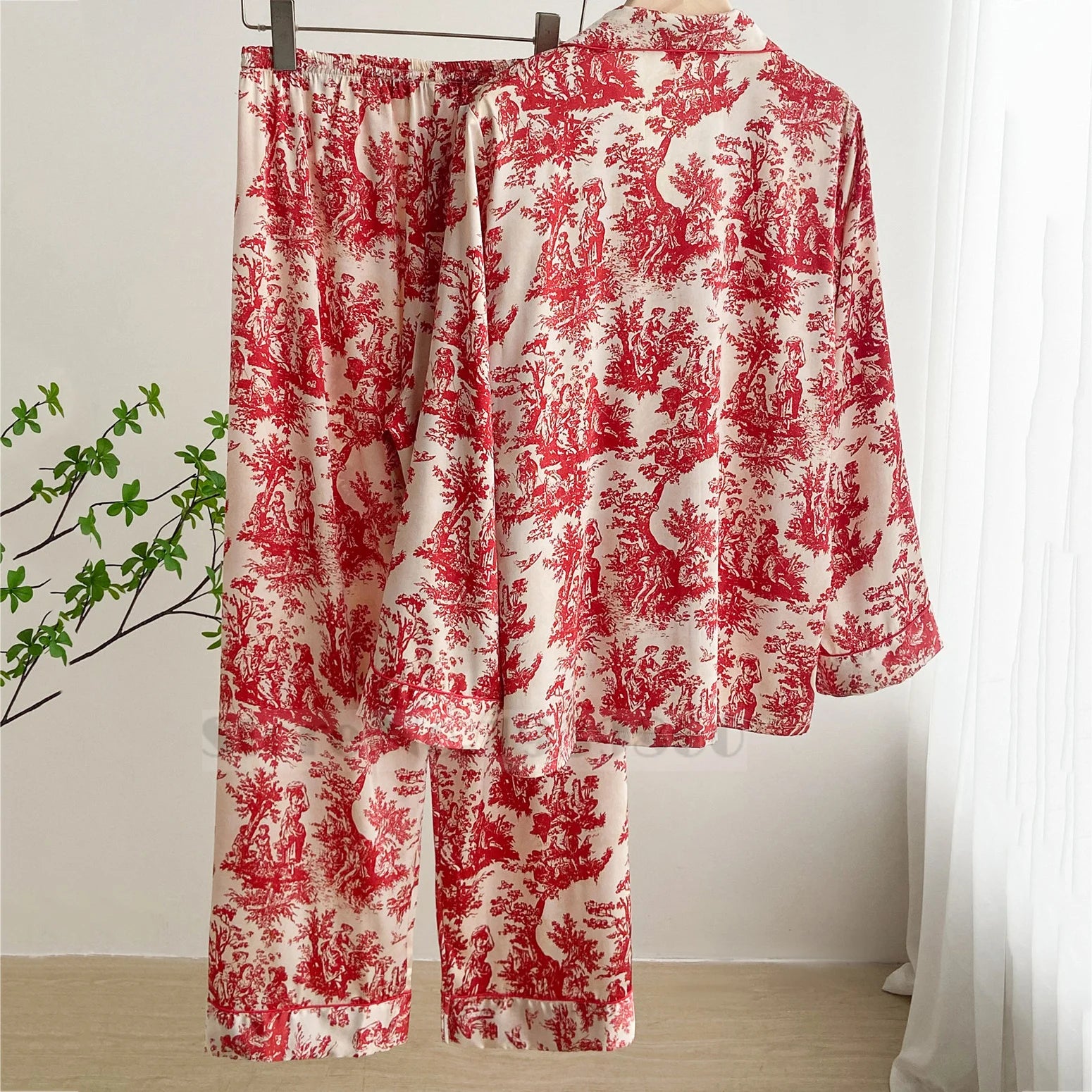 Fashion Print Flower 2PCS Pajamas Set Women Sleepwear Spring Summer Trouser Suits Lounge Wear Loose Satin Homewear Pijamas Suit - Smarsty