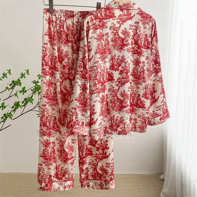 Fashion Print Flower 2PCS Pajamas Set Women Sleepwear Spring Summer Trouser Suits Lounge Wear Loose Satin Homewear Pijamas Suit - Smarsty