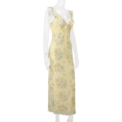 Cryptographic Summer Floral Print Plunge Maxi Dress Outfits Sexy Backless Fairy Sun Dresses Vacation Beachwear Vestido Coquette - Smarsty