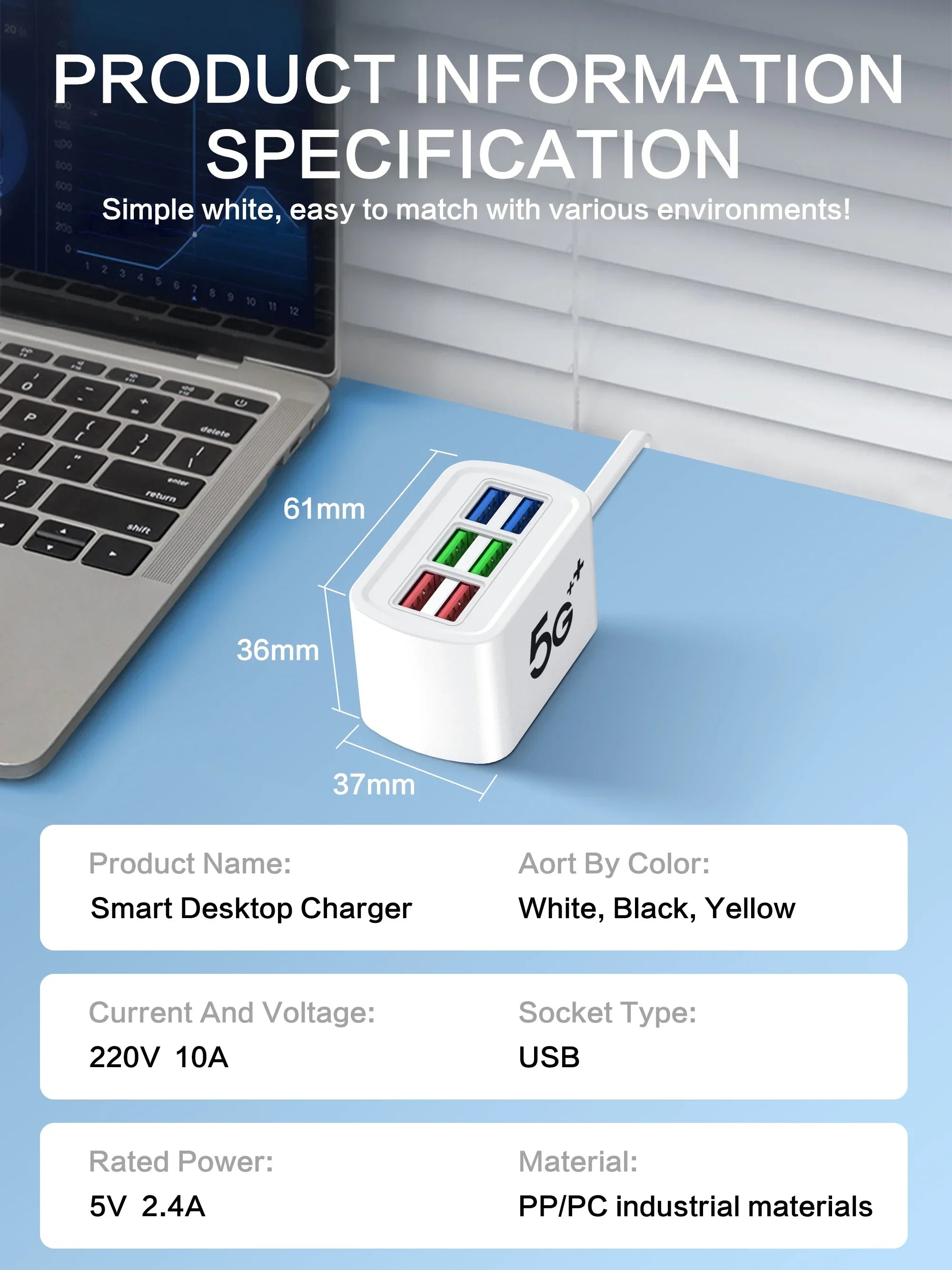 Fast USB Charger 6 in 1 Power Strip Desktop Charging Station Fast Charging 1m Cord USB HUB Adapter Socket for iPhone 16 Home - Smarsty