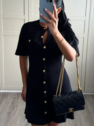 Trendix Elegant Knit Mini Dress Women Street Slim High Waist Short Sleeve Rib Sweater Dresses Vacation Bodycon Knitwear Dress - Smarsty