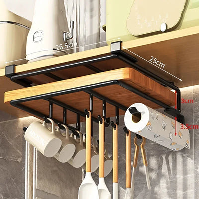 Kitchen Hanging Organizer Rack with Hooks Under Cupboard Paper Towel Rags Hanger Cutting Board Pot Cover Holder Storage Shelf by Smarsty