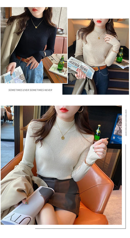 Autumn Winter Mock Neck Women Sweater Vintage Basic Solid Knitted Korean Tops Casual Slim Pullover Sweaters Simple Chic Jumpers - Smarsty
