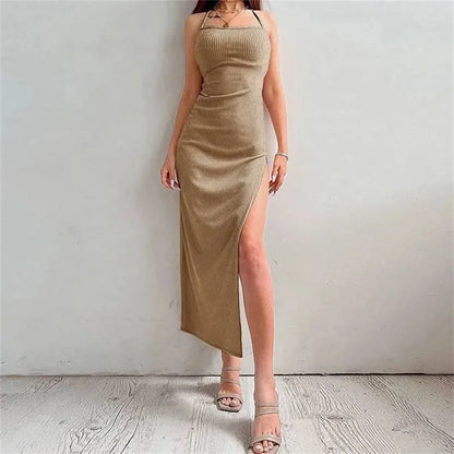 Sexy Black Long Bodycon Dress Women Summer Sleeveless Blackless Halter Neck Spaghetti Strap Dresses High Split Vestidos - Smarsty