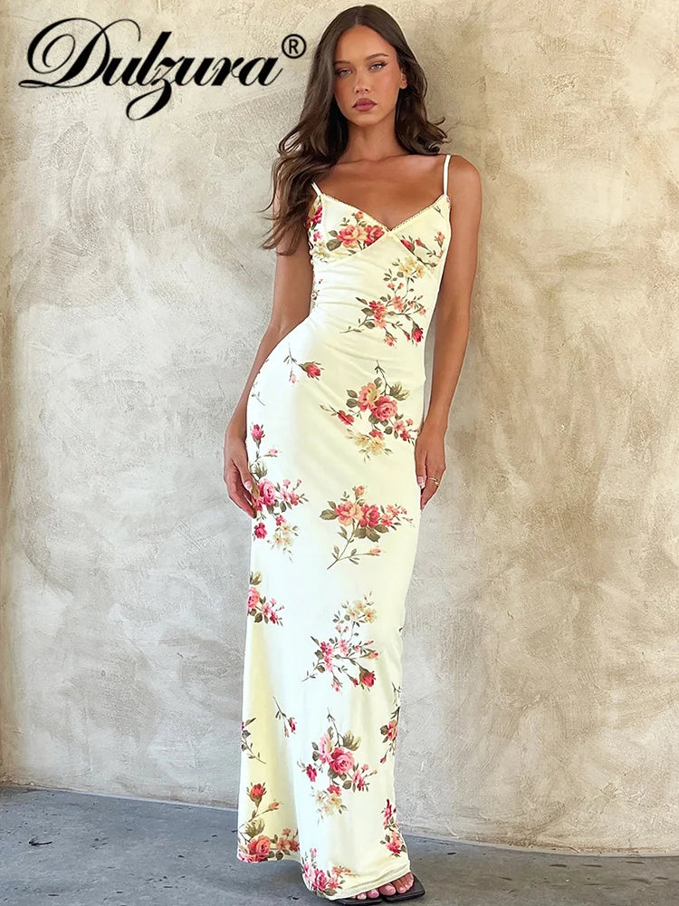 Dulzura Sexy Y2K Clothes Floral Print Sleeveless Backless Bodycon Maxi Dresses For Women 2023 Club Birthday Party Elegant Outfit - Smarsty