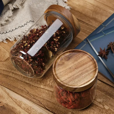 1pcs Wood Lid Orgnizer Glass Airtight Canister Kitchen Storage Bottles Jar Sealed Food Container Ginger Cereal Dispenser Set by Smarsty