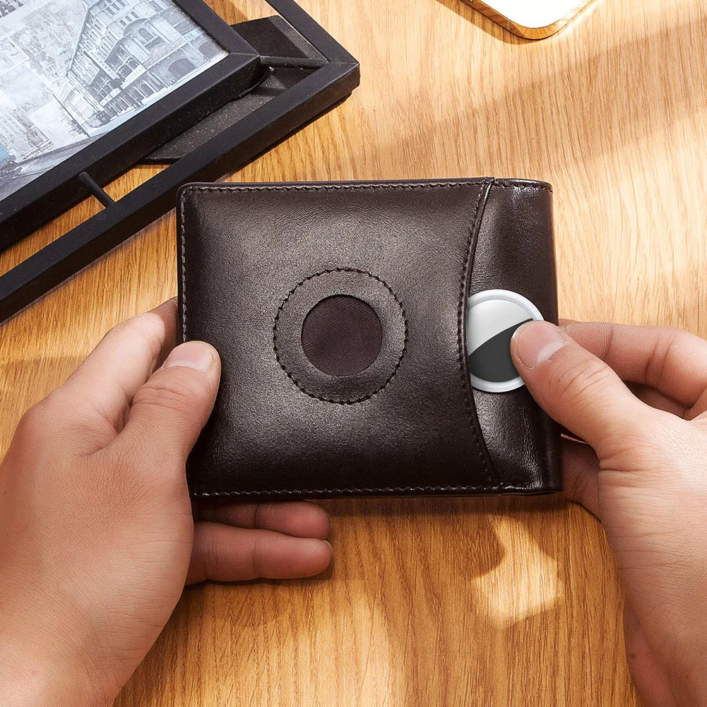 HUMERPAUL Airtag Wallet For Men Real Leather RFID Trifold Card Holder Case with ID Window Slim Anti-lost Purse - Smarsty