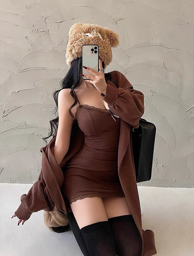 Y2K Retro Lace Patchwork Spaghetti Strap Black Bodycon Dress Mini Fashion Aesthetic Bow Club Party Sexy Dresses for Women - Smarsty