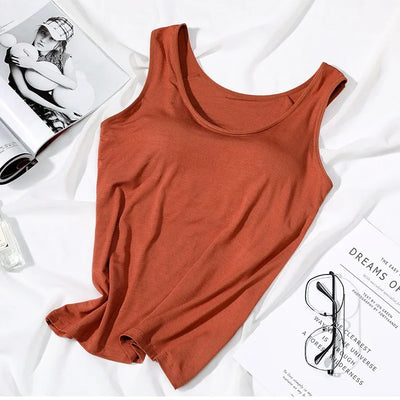 2023 Women's Vest Tops with Built In Bra Neck Vest Solid Color Padded Slim Fit Tank Tops Sexy Shirts Feminino Casual Tank Tops - Smarsty