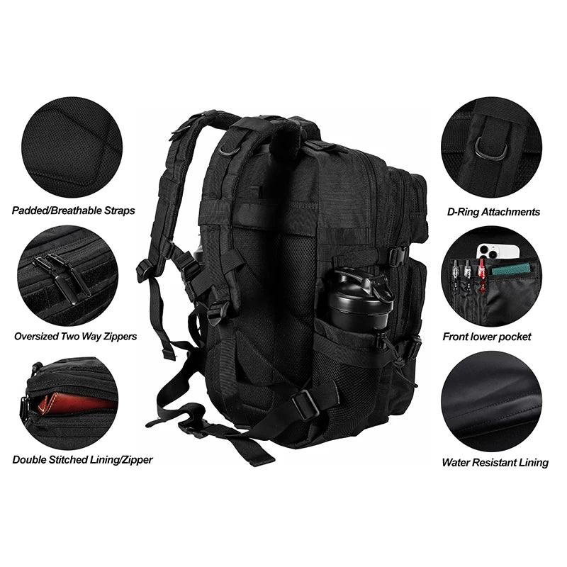 LHI 45L/35L/25L Tactical Backpack for Men and Women Waterproof Athlete Gym Outdoor Bag Travel Hiking Rucksack with Bottle Holder - Smarsty