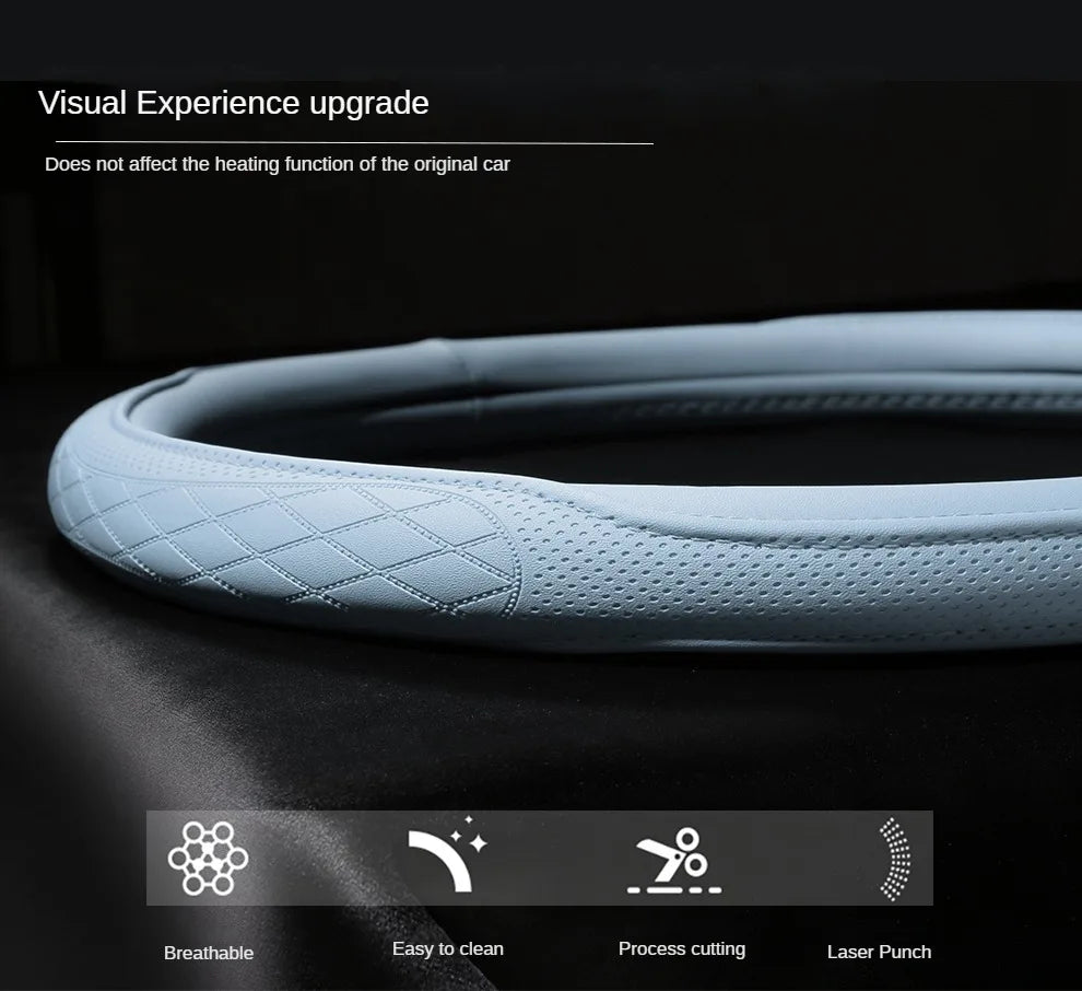 Napa Leather Perforated Patchwork Car Steering Wheel Cover, Non-slip, Breathable, Universal 15 Inch (Approx. 38cm)