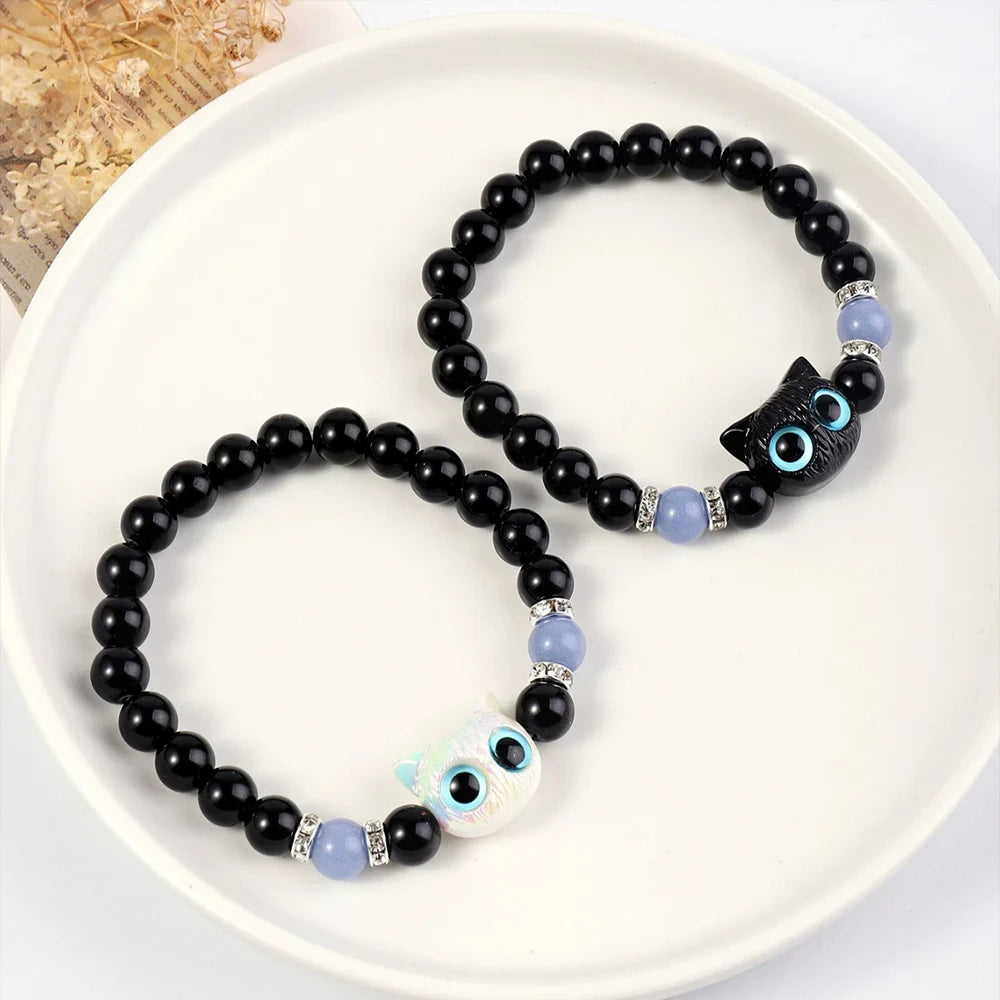 1 PC Matching Bracelets Couples Women Men Luminous Cute Cat Friendship Bracelete Black White Cat Head Bead Strand Bracelet - Smarsty
