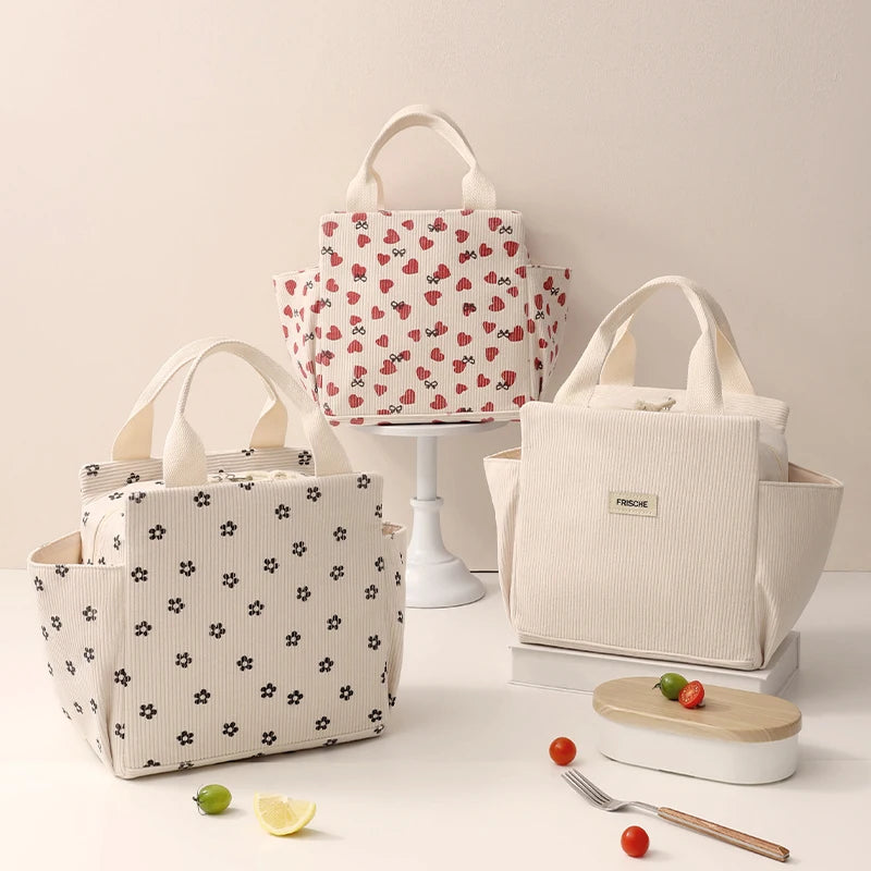 Corduroy Lunch Bag With Thermal Insulation Cooler Pack - Smarsty