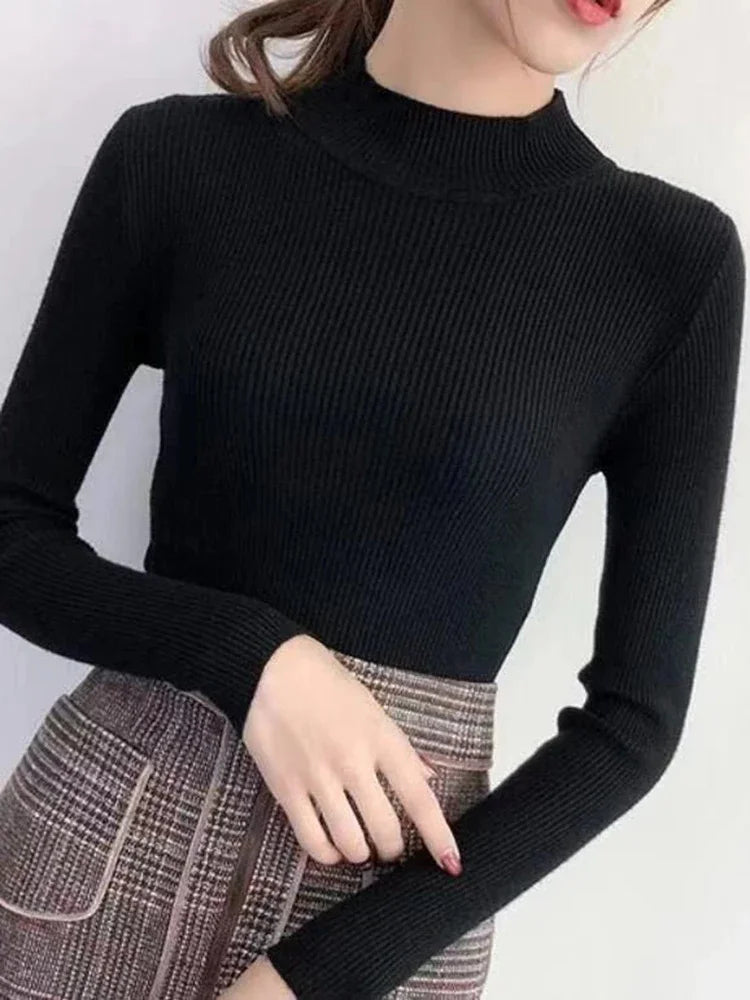 Autumn Winter Mock Neck Women Sweater Vintage Basic Solid Knitted Tops Casual Slim Pullover Korean Sweaters Simple Chic Jumpers - Smarsty