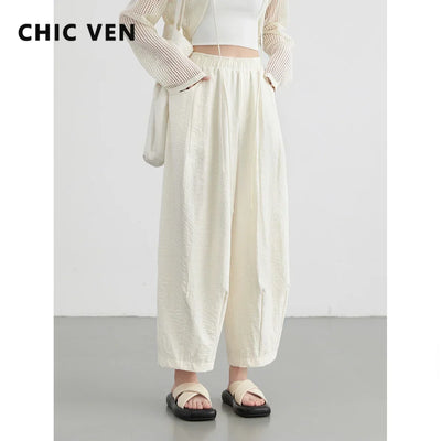 CHIC VEN Women White Pants Solid Casual Elastic Waist High Waisted Pleated Wide Leg Female Trousers  Fold Summer 2025 Clothing - Smarsty