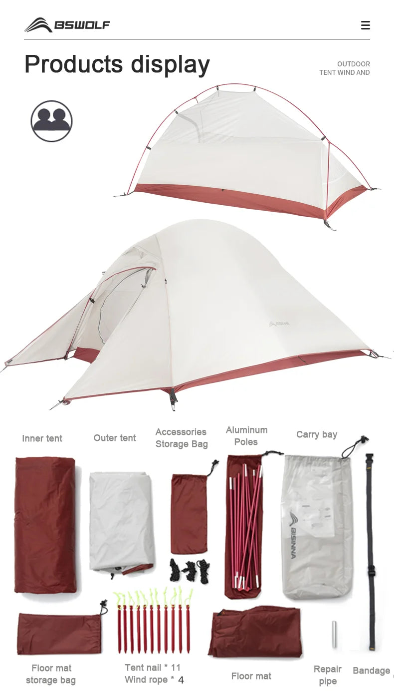 BISINNA Ultralight Camping Tent Backpack Tent 20D Nylon Waterproof Outdoor Hiking Travel Tent Cycling Tent 1-2 Person