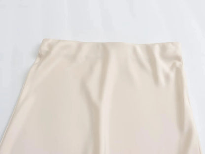 TRAFZA 2024 Y2K Casual Women Long Skirt Spring Elastic High Waisted A-Line Casual Female Satin Skirts High Street Lady Skirts - Smarsty
