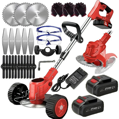 Wireless portable weed trimmer for lawn trimming. The trimmer is equipped with 2 lithium batteries and comes with replaceable bl