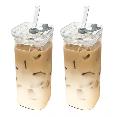 Square Heat Resistant Glass Cup With Lid And Straw - Smarsty