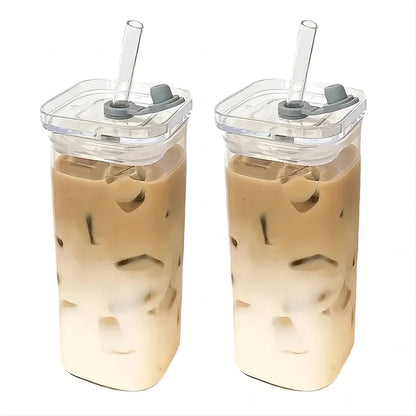 Square Heat Resistant Glass Cup With Lid And Straw - Smarsty
