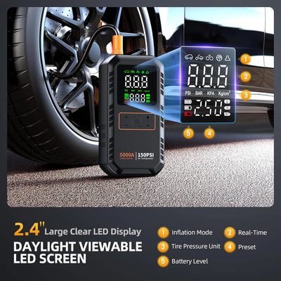 4-IN-1 Car Jump Starter with Air Compressor Peak 5000A Auto Battery Booster 150PSI Air Pump Portable Power Bank Tire Inflator - Smarsty