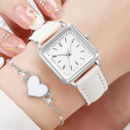 2/4PCS Fashion Square Women's Watch Leather Band Quartz Watches Heart Bracelet Set（Without Box） - Smarsty