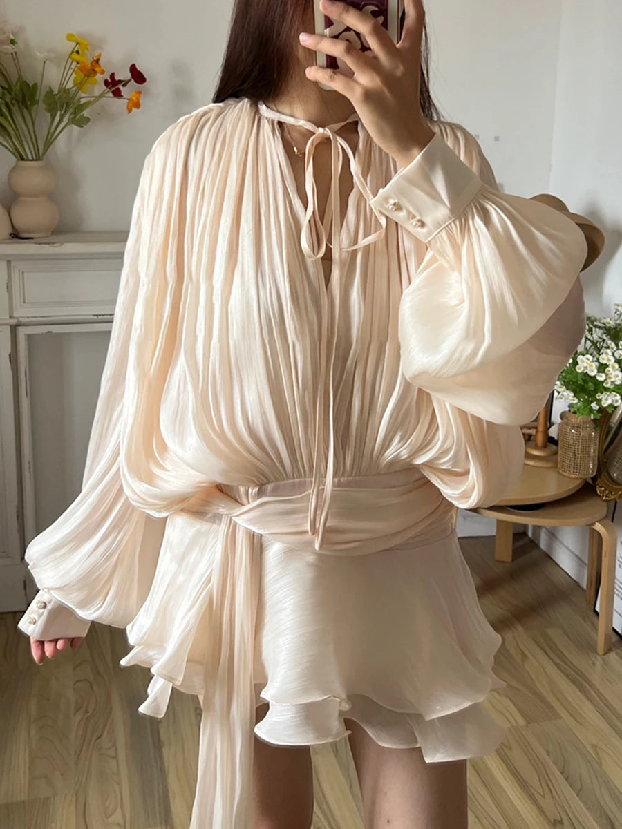 TWOTWINSTYLE Solid Blouse Mini Dresses For Women V Neck Long Sleeve Spliced Lace Up Sweet Style Dress Female Clothing Fashion - Smarsty