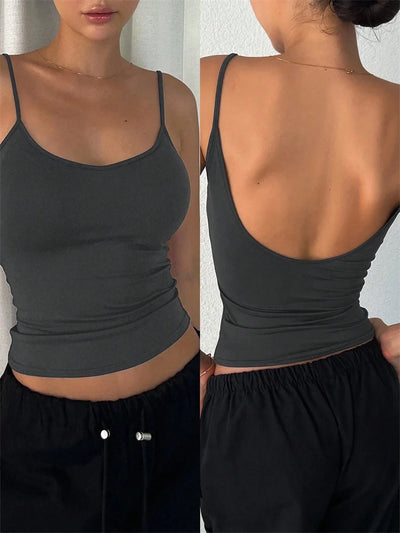Women Backless Cami Crop Top Summer Solid Color Casual Sleeveless Top Streetwear Y2K Clothes - Smarsty