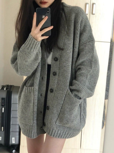 Autumn Winter Women Cardigan Sweater Coats Fashion Female Long Sleeve V-neck Loose Knitted Jackets Casual Sweater Cardigans - Smarsty