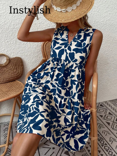 Women Boho Print Mini Dress Summer Elegant Sleeveless V Neck Ruffle A Line Tank Dress Casual Loose Oversize Beach Party Sundress - Smarsty